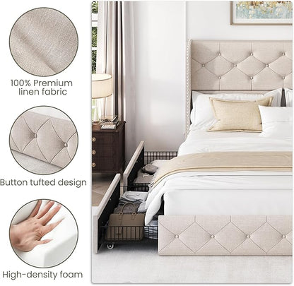 LARMACE Full Size Bed Frame with 4 Storage Drawers and Wingback Headboard Linen Upholstered Platform Bed Frame Tufted Beds with Wooden Slats Support, Easy Assembly, Beige