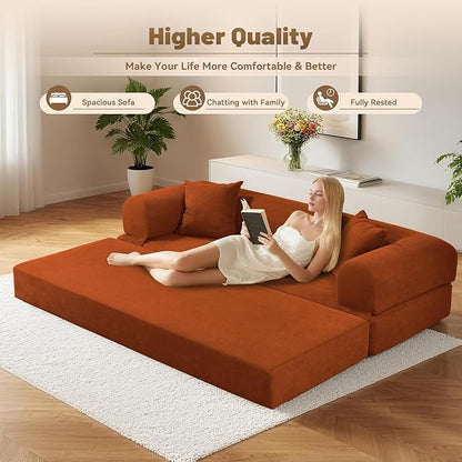 Convertible Sleeper Sofa Bed,80" Futon Sofa Bed Queen with Storage,Corduroy Pull Out Couch with Bed,Boneless Couches for Living Room,Compressed Couch in a Box,Orange