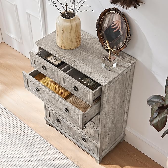 Bedroom Dresser and Nightstand Sets 4 Piece, Farmhouse 6 Drawers Dresser & 40.5" Tall Chest of Drawers, 18" Nightstands Set of 2, 54" Wide Furniture Dressers for Bedroom, Living Room, Grey