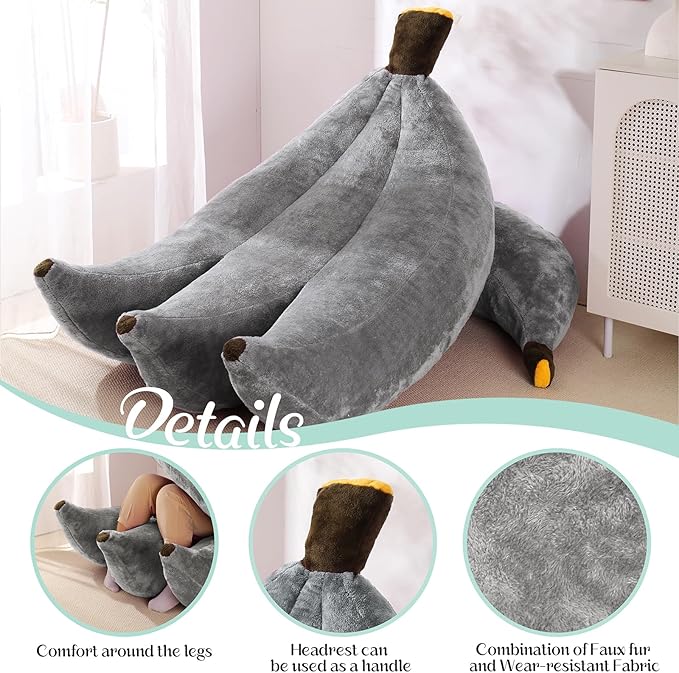 Banana Bean Bag Chair with Ottoman, Floor Sofa Bed with Footrest, Comfy Convertible Lounger for Adults, Plush Couch for Bedroom, Living Room or Dorm, L-Grey