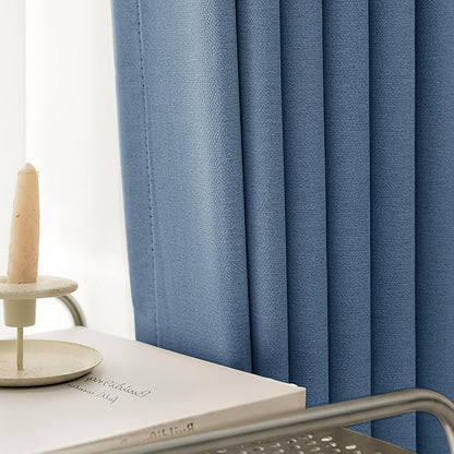 100% Blackout Curtains 80 inch Length 2 Panels Set for Bedroom/Living Room, Linen-Look Textured Full Light Blocking Room Darkening Thermal Insulated Noise Reduction Drapes (W52xL80, Blue)