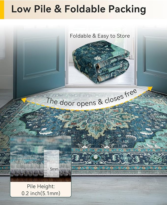 Area Rugs Square 6ft Washable Non-Slip, Floral Vintage Distress Print Pattern Medallion Carpet for Living Room Bedroom Dining Room, Teal Green Lake Blue Turquoise