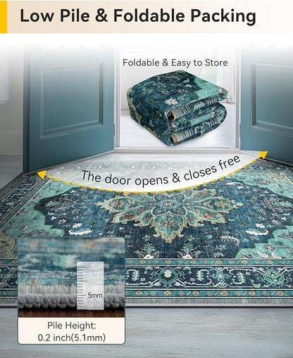 Area Rugs Square 6ft Washable Non-Slip, Floral Vintage Distress Print Pattern Medallion Carpet for Living Room Bedroom Dining Room, Teal Green Lake Blue Turquoise