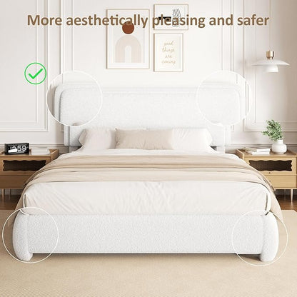 Full Size Boucle Platform Bed Frame, Upholstered Cloud with Adjustable Headboard, Anti-Collision Soft Rounded Corners, No Box Spring Required, Easy Assembly, Noise Free