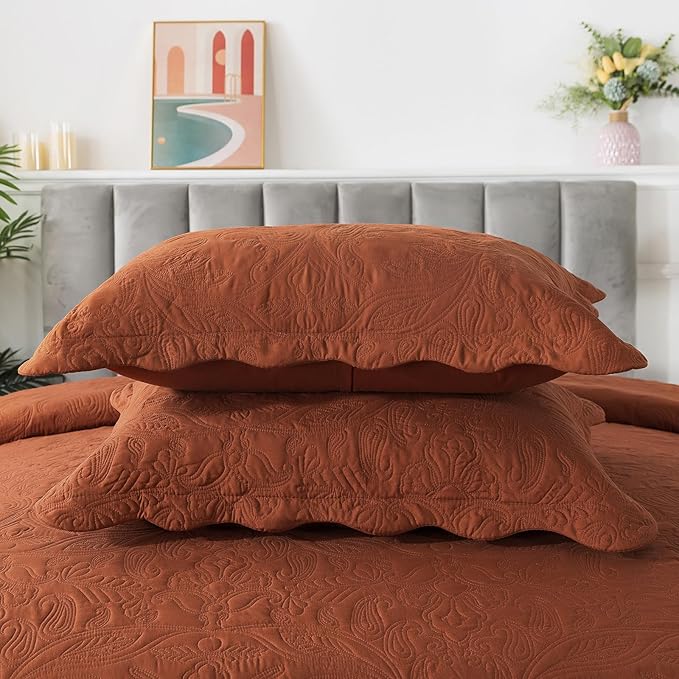HoneiLife Embroidered Quilt King Size - 3 Pieces Microfiber Quilt Sets Lightweight Bedspreads Reversible Coverlets Retro Bed Cover Paisley Pattern Bedding Set All Season Quilts-Rust