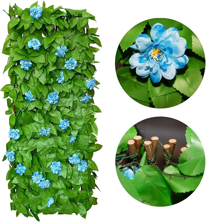 GLANT Expandable Fence Privacy Screen for Balcony Patio Outdoor,Decorative Faux Ivy Fencing Panel,Artificial Hedges (Single Sided Leaves) (1, Blue Flowers)
