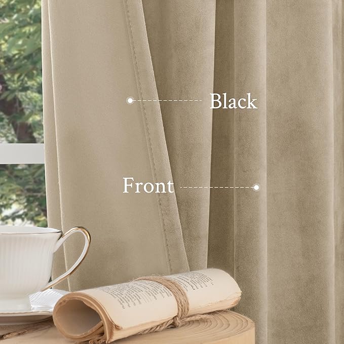 LAMIT Taupe 90 Inch Velvet Curtains for Living Room, Thick Thermal Insulated Room Darkening Drapes Super Soft Elegant Back Tab and Rod Pocket Panels for Sliding Glass Door, 2 Panels, 52 x 90 Inch