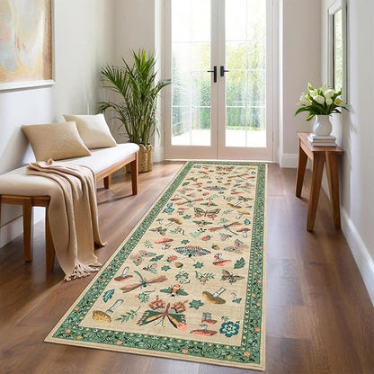 Mushroom Insect 2x6 Runner Rug for Hallway Washable Kitchen Rugs Non Slip with Rubber Back Khaki Green Low-Pile Stain Resistant Indoor Carpet for Entryway Bathroom Laundry Dorm