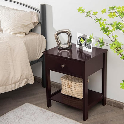 Giantex Nightstand, Wood End Table with Drawer and Open Shelf, Night Stand for Small Spaces, 2-Tier Bedside Table for Living Room Bedroom Dorm, Easy Assembly, Brown