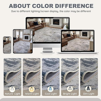 Area Rug Living Room Rugs - 10x12 Washable Large Soft Indoor Neutral Modern Abstract Low Pile Rug Carpet for Bedroom Dining Room Farmhouse Home Office - Blue/Grey/Brown