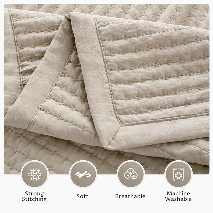 KASENTEX Queen XL Quilt Set 98"x98" – Soft Washed 3-Layer Lightweight Bedspread, Minimalist Nordic Design, All-Season Spring & Summer Quilt Set (1 Quilt + 2 Pillow Shams),Light Taupe