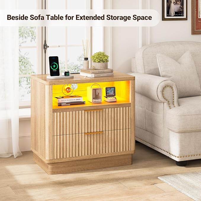 ELYKEN Wood Fluted Nightstand Set of 2, 24" Wide Night Stand with Charging Station & LED Lights, 2 Pack Bedside Table with 2 Drawers and USB & Type-C Port for Bedroom