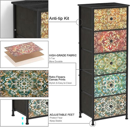 GiftGo Retro Dresser with Fabric Drawers Boho Mandala Flower Chest of Drawers Narrow Storage Tower for Small Spaces Gaps Bedroom Beautiful Nightstand Living Room Table (Mandala, 5 Drawers)