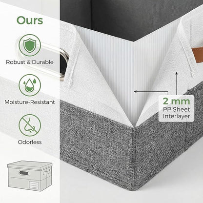PRANDOM Storage Boxes with Lids [3-Pack] Linen Fabric Foldable Storage Bins Organizer Containers Baskets Cube with Cover for Closet Office Nursery Grey&White（11.4X8.6X6.7