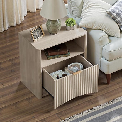 Evermagin Fluted Nightstand, Bedside Table with Drawer and Storage, Wood End Table Mid Century Modern, Large Night Stand for Bedroom, White Alder