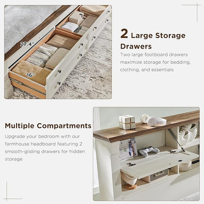 Farmhouse Queen Size Bed Frame with 54" Tall Storage Bookcase Headboard, Wood Platform Bed Frame with 2 Drawers & 18" Tall Roman Column Decoration Footboard, No Box Spring Needed(Antique White)