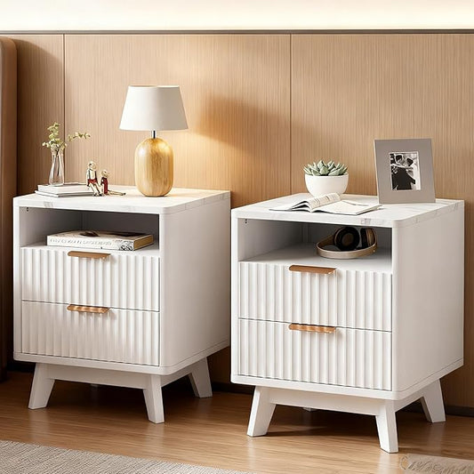 White Nightstand Set of 2, 18" Modern Night Stand with Faux Marble Top, Open Storage Shelf, Curved Edge Bedside Table for Bedroom, End Side Table