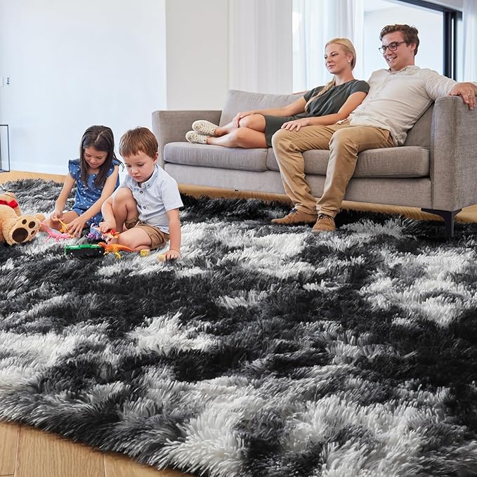 PAGISOFE 9x12 Area Rugs Living Room, Extra Large Black White Grey Machine Washable Rugs for Bedroom Fluffy Indoor Rugs for Kids Room Classroom Dorm Room Aesthetic Shaggy Carpet Plush Modern Cool Rug