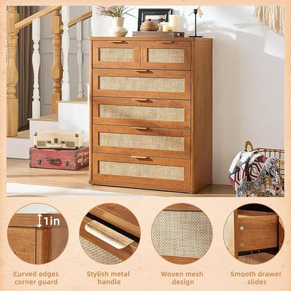 LEYAOYAO Rattan Dresser for Bedroom Set of 2, 41" Tall Chest of Drawers, Modern 6 Drawers Boho Dressers with Storage, Vintage Brown Dresser Wooden Closet Organizer for Living Room, Hallway