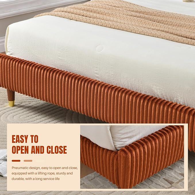 PINJU Full Size Bed Frame, Upholstered Platform Bed with Modern Vertical Striped Wingback Headboard with Wooden Slats, Easy to Assemble No Noise Free (OCHER, Full)