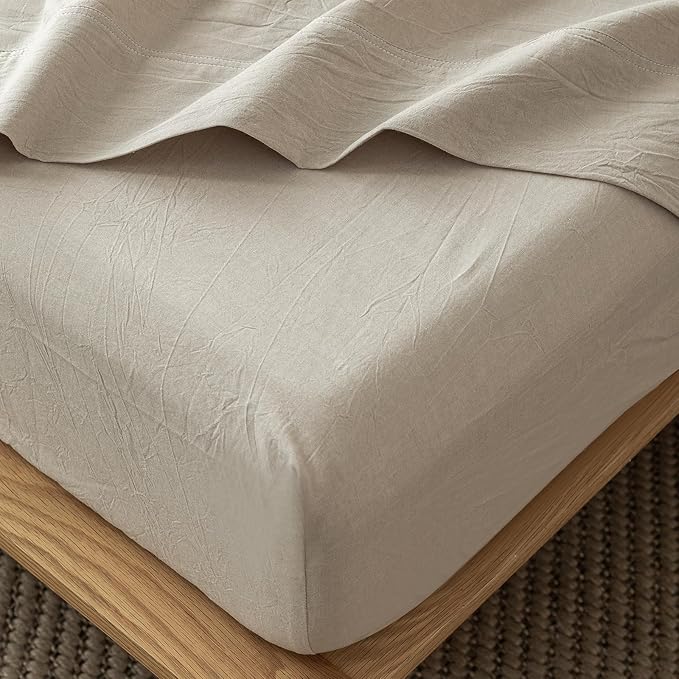 MooMee Fitted Bottom Sheet Only 100% Washed Cotton Linen Like Textured Breathable Durable Soft Comfy Deep Pocket Fits Mattress up to 17" (Tannish Linen Grey, Twin)