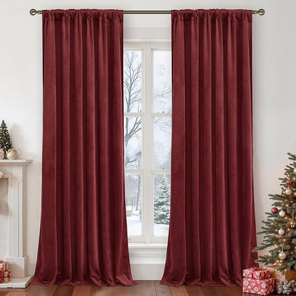 LAMIT Velvet Curtains 90 Inch for Theater, Burgundy Red Thermal Insulated Blackout Curtains for Living Room Darkening Back Tab and Rod Pocket Christmas Panels for Bedroom, 2 Panels, 52 x 90 Inch