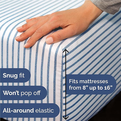 Full 6 Piece Sheet Set - Cooling, Comfy & Breathable - Hotel Luxury Bedding, Includes Fitted Sheet for Women, Men, Kids & Teens - 1 Flat, 1 Fitted Sheet, 4 Pillowcases w/Deep Pockets - Blue Stripes