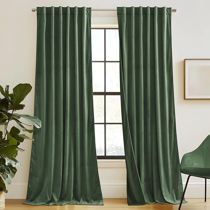RYB HOME Elegant Green Velvet Curtains 84 inches Long, Light Blocking, Thermal Insulated, Stylish Back Tab Velvet Drapes for Cozy Home Aesthetics, 52" W x L84 L, 2 Panels Set