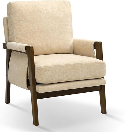 Beige Accent Chair for Bedroom & Living Room, Mid Century Modern Accent Arm Chair, Upholstered Anthropologie Accent Chair with Solid Wood Frame, Fabric