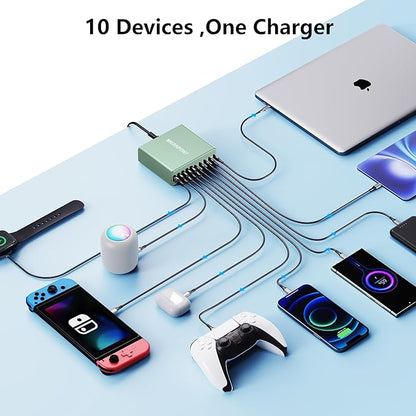 320W USB C Charger Block, 10-Port USB C Charging Station GaN III PD 65W PC Laptop Fast Charger Adapter for MacBook Pro/Air, DELL, iPad, iPhone, Samsung Galaxy (Green)