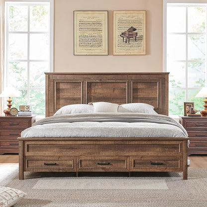 ACCOHOHO Farmhouse King Size Bed Frame with 52" Tall Headboard, Wood Platform Bedframe with Footboard and Storage Drawers, No Squeak, No Box Spring Needed, Light Brown