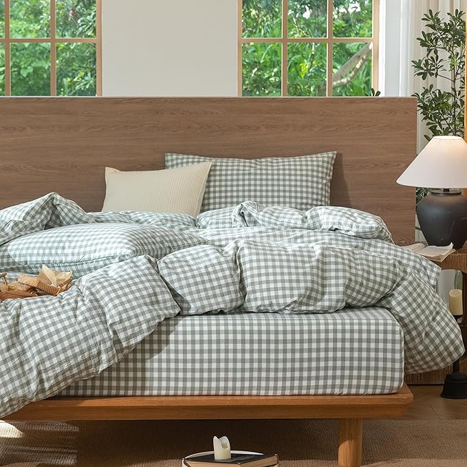 MooMee Gingham Duvet Cover Set 100% Washed Cotton Linen Like Textured Breathable Durable Soft Comfy Modern Checkered Design (Sage Green Gingham, Oversized Queen 98"x98")