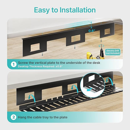 Under Desk Cable Management Tray, 31.5 Inches Metal Cord Organizer Rack, Desk Tray for Power Strip, Cord, Wire, Easy Mounting Cable Management Under Table for Home Office, Black