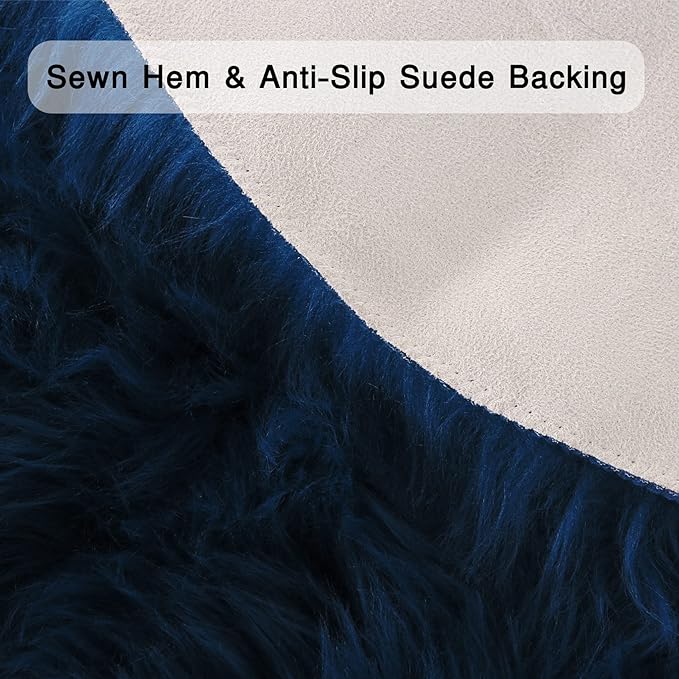 duduta Navy Blue Faux Sheepskin Throw Rug 2x3 ft, Fluffy Shag Fur Chair Cover Small Bedside Dorm Rug Non Slip Machine Washable