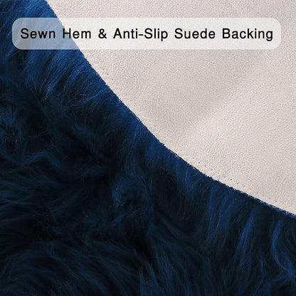duduta Navy Blue Faux Sheepskin Throw Rug 2x3 ft, Fluffy Shag Fur Chair Cover Small Bedside Dorm Rug Non Slip Machine Washable