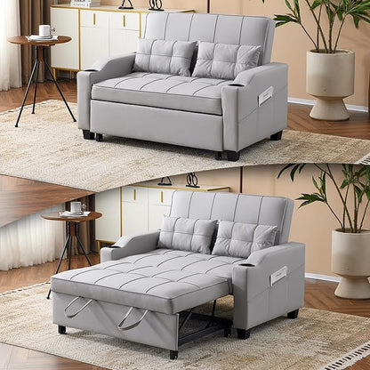 VINGLI Convertible Loveseat Sleeper, Light Grey Faux Leather Futon Sofa Bed Pullout Couch Bed with USB Ports, Cup Holders, Armrest for Living Room, Bedroom, Home Office Apartment