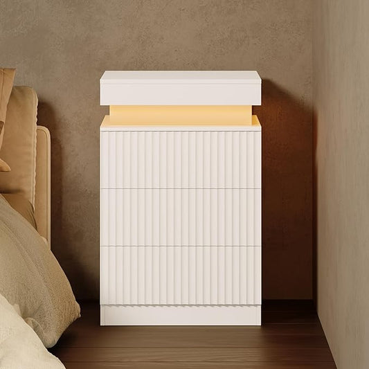 White Nightstand with 3 Drawers and LED Light, Mid Century Modern Fluted Night Stand with Charging Station, Bedside Table & End Table for Bedroom