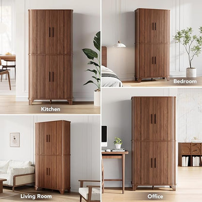 69" Tall Kitchen Pantry Storage Cabinet with Sliding Door, Modern Curved Edge Pantry Storage Cabinet with 5 Shelves, Cupboard for the Kitchen, Dining Room, Bedroom, Living Room, Office (Walnut)