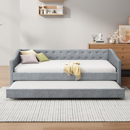 Favfurish Twin Size Daybed with Trundle Upholstered Day Bed Frame with Button Tufted Backrest and Nailhead Decorated Armrest for Living Room Bedroom,No Box Spring Needed,Light Grey