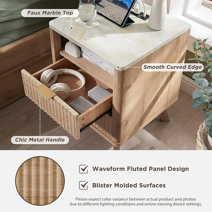 T4TREAM Fluted Nightstand Set of 2 with Charging Station, 18" Modern Side Table with Faux Marble Top, 2 Drawer End Table w/Storage, BedsideTable for Bedroom, Living Room, Curved Profile, Natural Oak