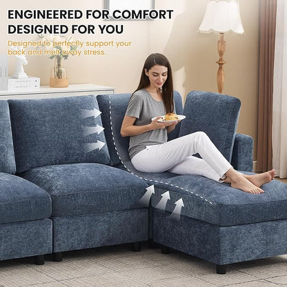 116'' 4-Seater Modular Sectional Cloud Sofa, Straight-Line Couches for Living Room, Modern Upholstered Deep Seat Sofa, Chenille Blue