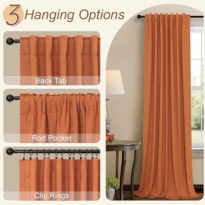 Burnt Orange 100% Blackout Window Curtain Panels Light Blocking Linen Boho Black Out Drape for Nursery 84 Inch Long Thermal Insulated Draperies for Living Room Bedroom Fall Decor 2 Pieces 52x84 Length