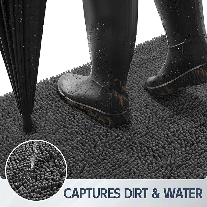 Dog Door Mat for Muddy Paws, 48" x 36" Chenille Absorbent Front Door Mat Inside, Large Runner Mud Mat for Dogs, Trap Dirt Washable Non Slip Outdoor Indoor Entrance Doormats, Grey