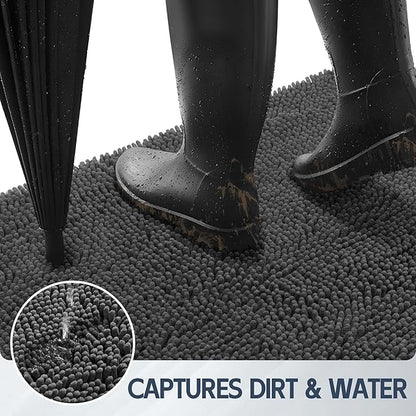 Dog Door Mat for Muddy Paws, 48" x 30" Chenille Absorbent Front Door Mat Inside, Large Runner Mud Mat for Dogs, Trap Dirt Washable Non Slip Outdoor Indoor Entrance Doormats, Grey