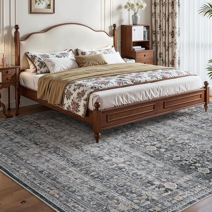 MontVoo-Vintage Area Rugs 8X10 Darkgrey Rugs for Living Room-Soft Distressed Printed Rugs for Bedroom-Non Slip Carpet-Machine Washable Rug for Dining Room Living Room Bedside Office