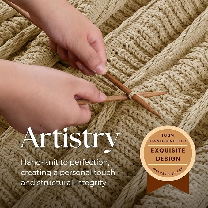 Boho Knitted Chenille Blanket with Tassels - Lightweight & Soft All-Season Throw - 3D Classic Pattern for Living Room Bedroom Couch, Sandy Beige, Queen 90"x90"