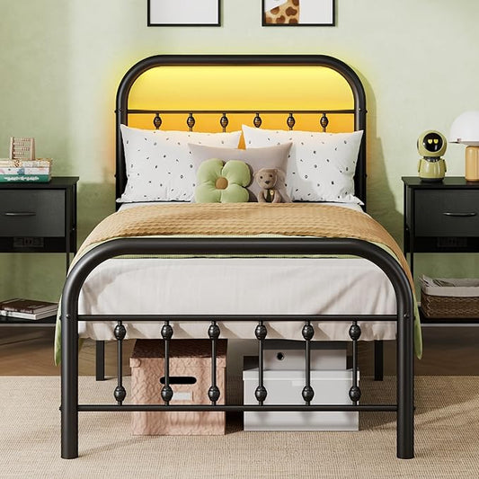 WLIVE Metal Platform Bed Frame, Twin Bed Frames with Headboard, Bed Frame with LED Lights and Charging Station, 600LBS Mattress Foundation, Under Bed Storage, No Box Spring Needed, Black