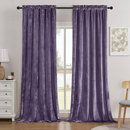 SMILETIME Lilac Purple Crushed Velvet Curtains 52x96inch Rod Pocket Luxurious Thermal Insulated Soundproof Drapes Soft and Durable Light-Filtering Window Treatments for Living Room Bedroom, 2 Panels