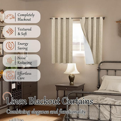 Short Blackout Curtains 45 Inch Length 2 Panels, Thermal Insulated Total Light Blocking Linen Window Curtains for Farmhouse Bedroom Basement, Bronze Grommet, Burlap, Each 52" Wide