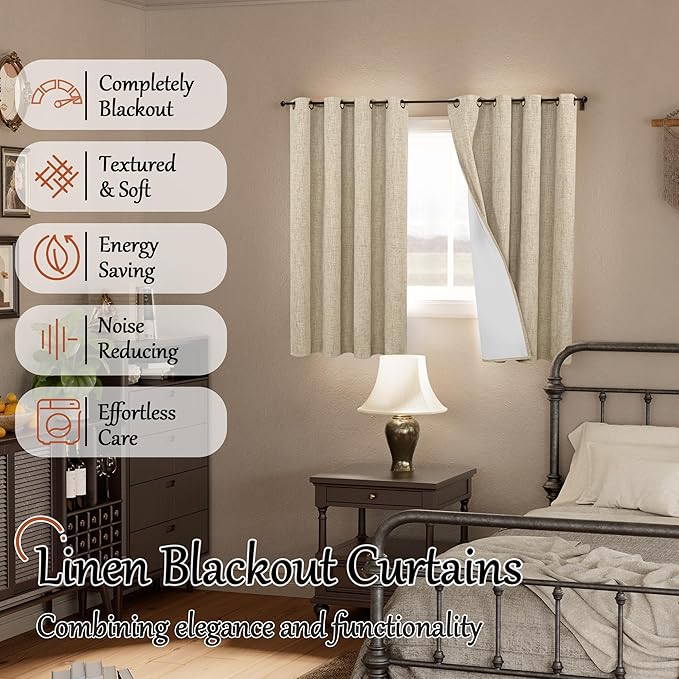 Blackout Curtains 54 Inch Length 2 Panels for Bedroom, Thermal Insulated Total Light Blocking Noise Reducing Linen Window Curtains for Farmhouse, Bronze Grommet, Burlap, Each 52" Wide
